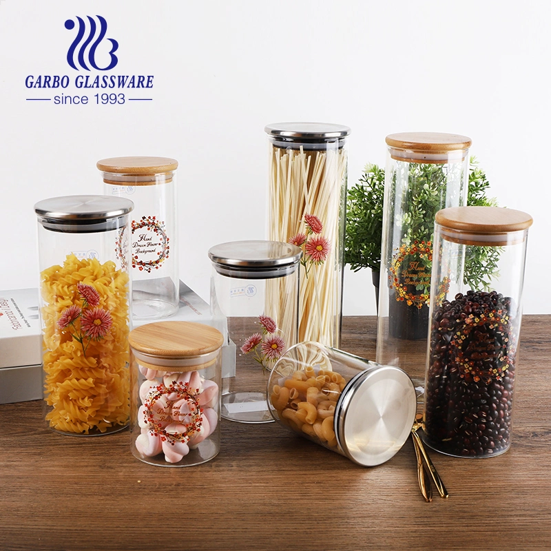 1-2L Borosilicate Glass Pasta Storage Jar Canister with Bamboo Lid for Spice Condiment