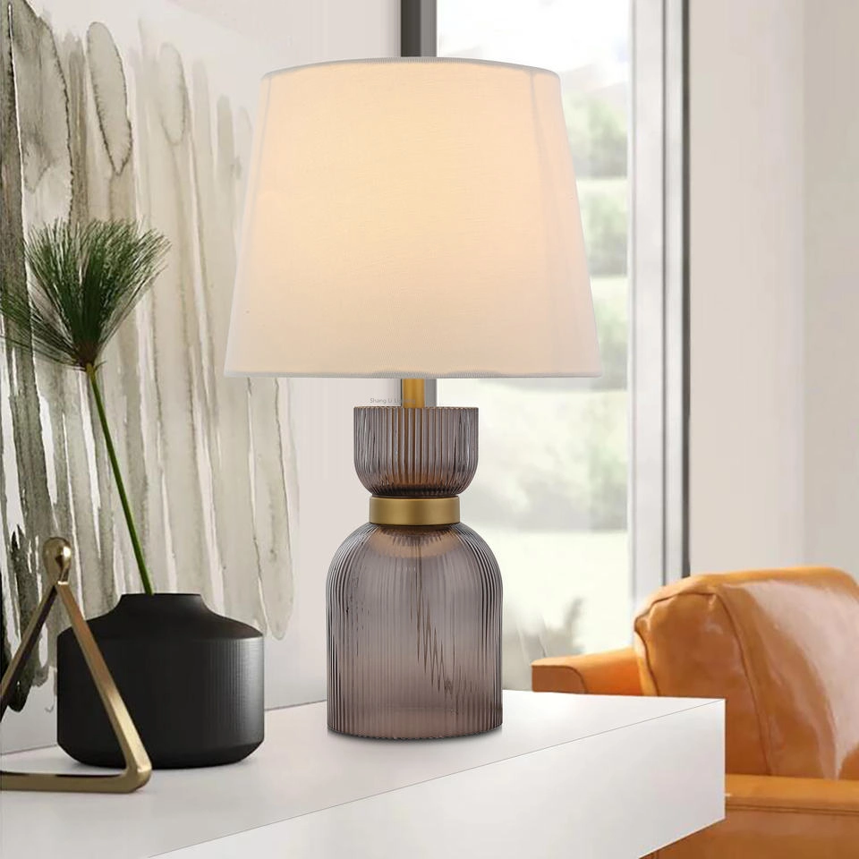 Retro Decoration Table Lamp with Gold Metal Purple Glass Lamp Body and White Fabric Lamp Shade for Living Room