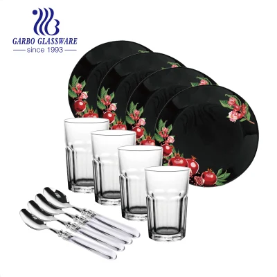 Черная опаловая стеклянная тарелка с каменным стеклом, чашка для сока, ручка из ПВХ из нержавеющей стали, столовые приборы, ложка, набор посуды.
