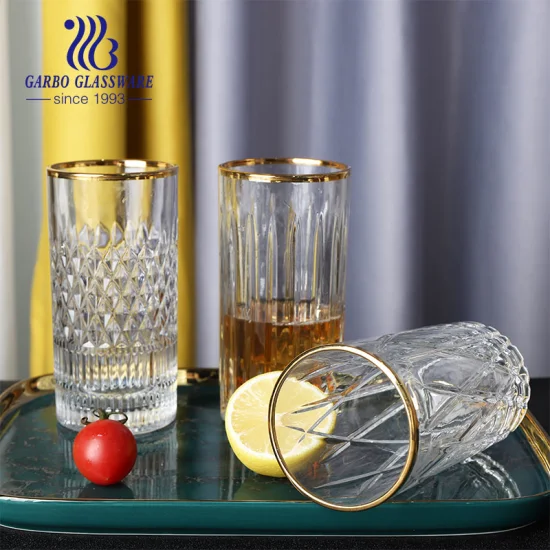 Стеклянный стакан Highball на 14 унций, стеклянная посуда с золотой оправой, популярный стеклянный стакан для напитков, сока, стеклянная посуда смешанной формы